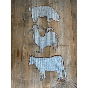 3 farmhouse metal cut outs. Pig, rooster, cow. DECOR!